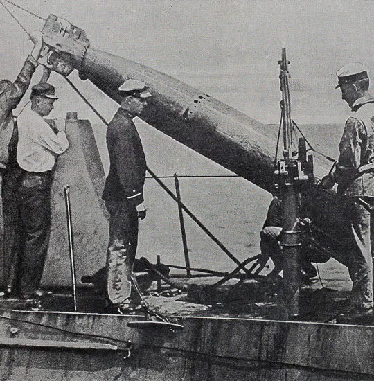 American submarine K1, stationed in the Azores in North Atlantic, load a torpedo, circa September 1917.