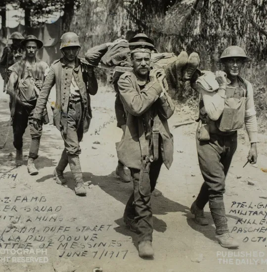 No. 3 New Zealand Field Ambulance bearer squad with two Germans, near La Plus Douve, Battle of Messines, June 1917.