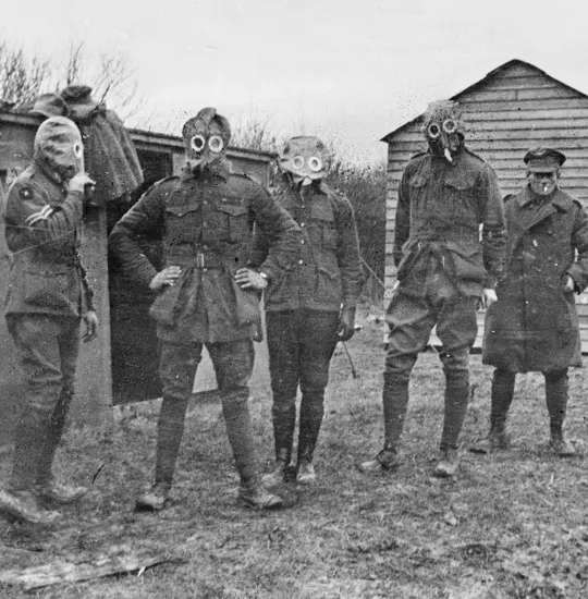 Members of the 6th Australian Sanitary Section training in the ‘PH helmet’ gas mask, 1 May 1916.