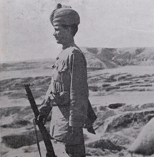 An Indian sentry on duty in Palestine, circa January 1918.