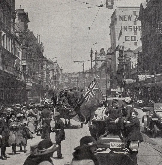 The crowd in Queen Street, Auckland, celebrating the announcement of the signing of the Armistice conditions by Germany, 12 November 1918.