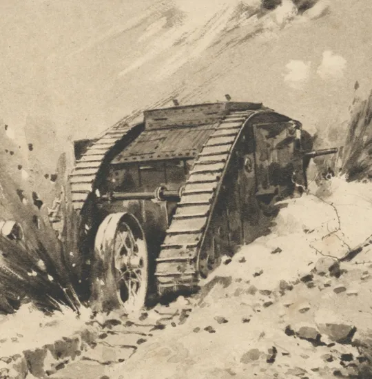 A tank going through a German barrage on its way to attack a sugar factory, circa 1916.