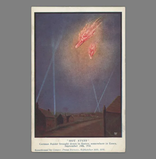 A zeppelin brought down in flames over Essex, 24 September 1916.
