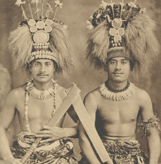 Samoan chiefs holding nifo‘oti clubs.