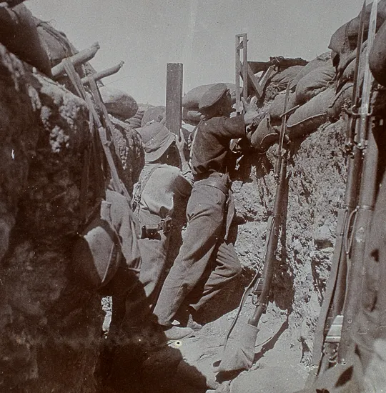 Using a periscope rifle, Gallipoli, 1915.