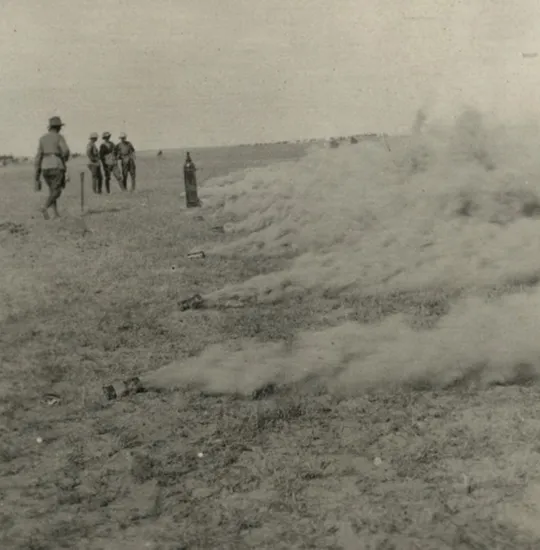 Smoke pots released to simulate a gas attack for training in Palestine.