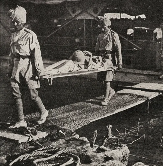 Sick and wounded Indian soldiers from Kut-el-Amara being brought to the British lines.