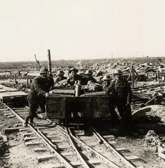 Wheeling ammunition up to the guns on the Ypres Salient.