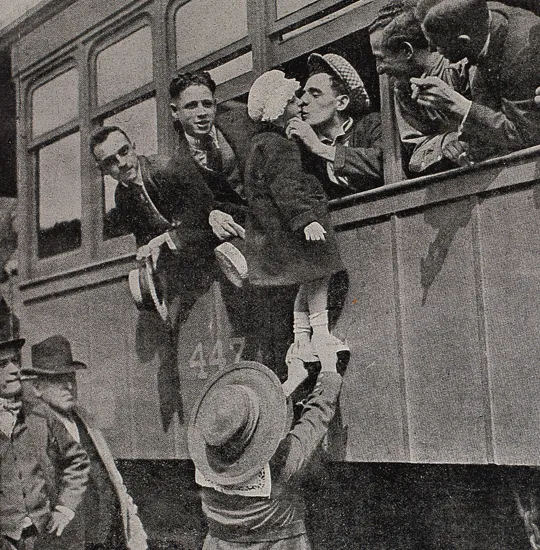 'The good-bye kiss: seeing off recruits in America’, circa January 1918.