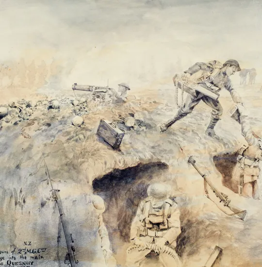 One of the guns of 2nd New Zealand Machine Gun Company firing barrage into the main street of Le Quesnoy, France, 4 October 1918.
