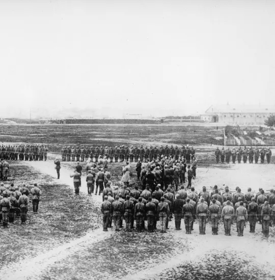 General Aleksei Brusilov, Commander-in-Chief of the Russian Army, and his troops attending Mass in their camp, probably summer 1917.