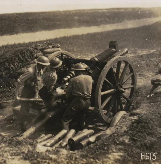 New Zealand 18 pounder in action in Beaussart, France, 23 May 1918.